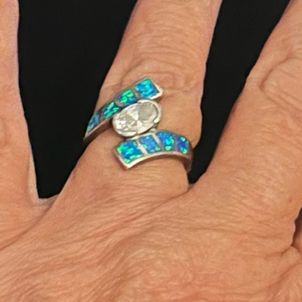 Silver Ring with Blue Opal Accents